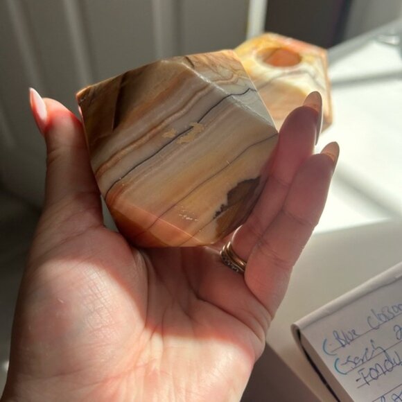 Geometric Marble Candle Holders - Tan and Brown x2 circa 1970 😃 - Picture 6 of 10